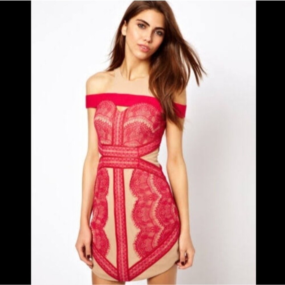 Three Floor Hot Pink Nude Scallop Lace Dress Size 0